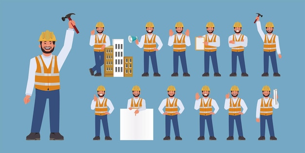 Set of worker with different poses