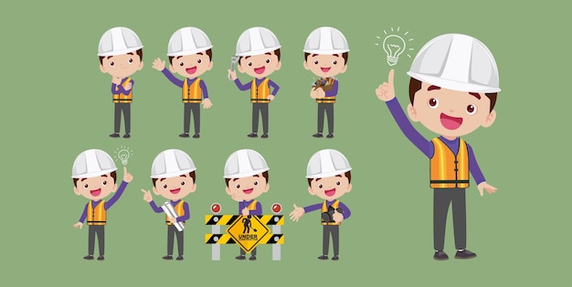 Set of worker with different poses