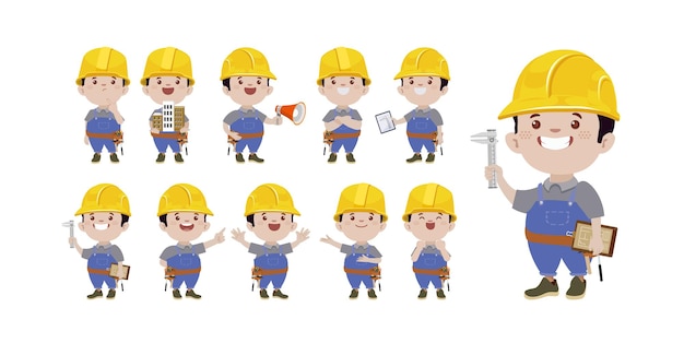 Set of worker with different poses