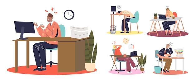 Vector set of workers suffering from stress at work. overwhelmed and frustrated people with professional burnout feeling unhappy and anxious at office. cartoon flat vector illustration