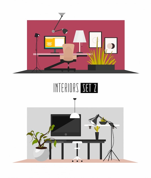 set of working interiors in flat minimalism style. Interiors of workplaces or business