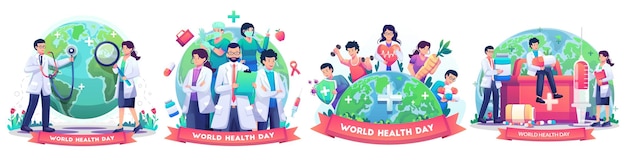 Set of World Health Day concept with Staff medical doctors and people living healthy illustration