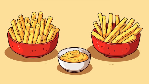 Vector set of wrapping french fries and bowl of sauce