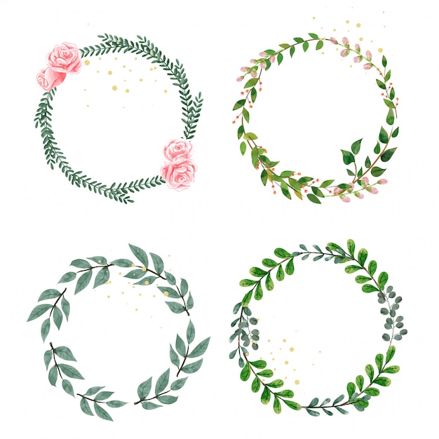 Set of wreath decorate with leaves and flowers.