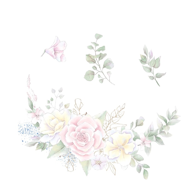 A set of a wreath of delicate roses and orchids. Watercolor illustration.