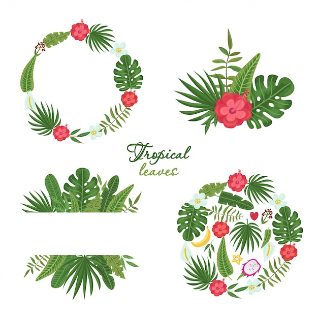 Set of wreath with colorful tropical leaves and flowers