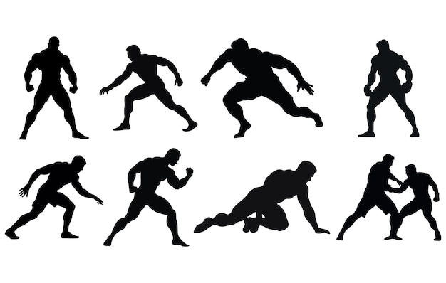 Set of Wrestling Silhouette Fighting MensBig set silhouettes athlete wrestler in wrestling