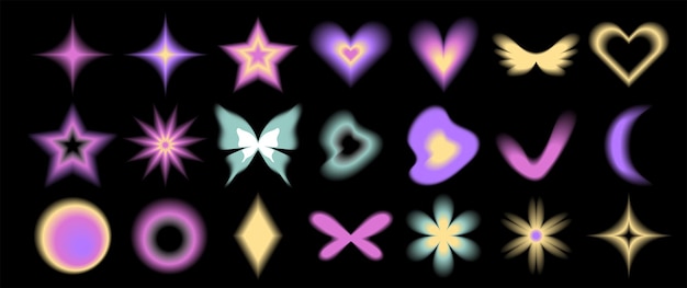 Set y2k aura Blurred heart butterfly and stars with aura in trendy style y2k