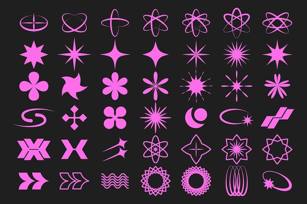 Set of Y2K symbols in retrofuturism style design elements for logo templates in minimalist style