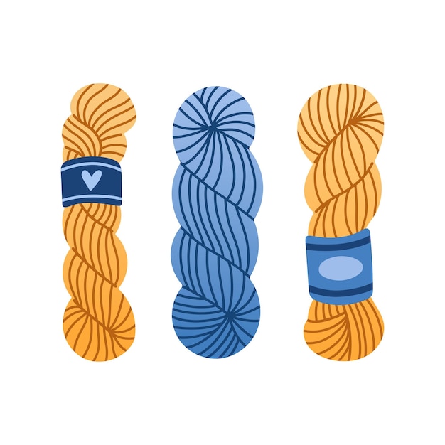 Set of yarn balls for knitting and crochet in blue and yellow colors isolated vector illustration