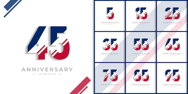 Set of Years Anniversary Celebration with White Slash in Red and Blue American Flag Color Design