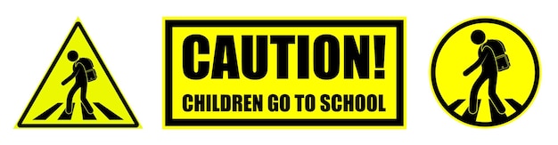 Set of yellow black danger signs attention Children cross road at the pedestrian crossing to school Road safety Vector on white background