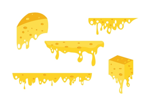 Set of yellow cheese in cartoon style Vector illustration of processed cheese with holes Pieces of Dutch processed cheese isolated on a white background