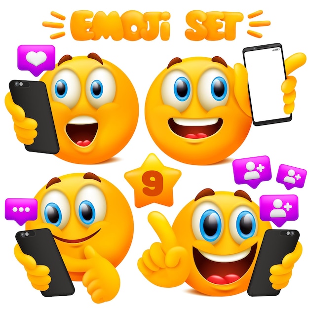 Set of yellow emoji cartoon with different facial expressions in glossy 3D. Smartphone gestures concept.