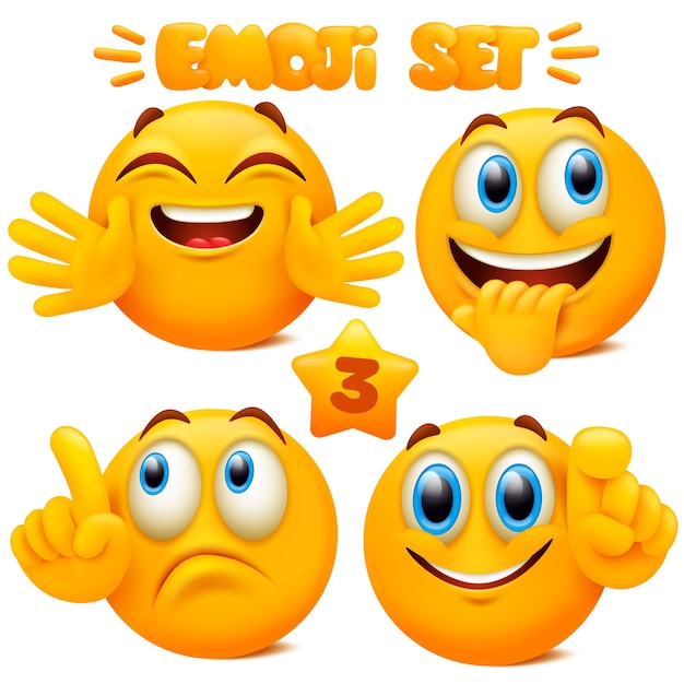 Set of yellow emoji icons Emoticon cartoon character with different facial expressions in 3d style isolated