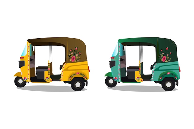 Set of yellow and Green autorickshaw illustrations in India with rickshaw paint on it Side view