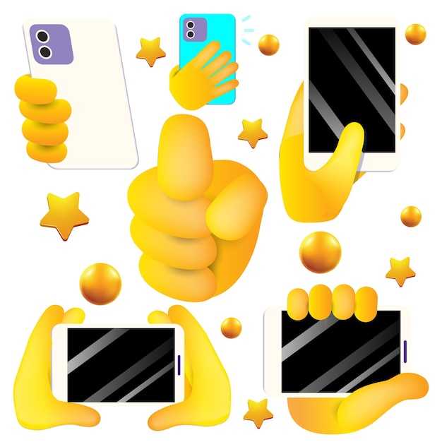 Vector set of yellow hand set with different expressions in 3d style