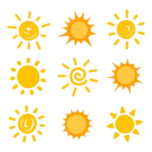 Set yellow sun hand drawn Vector illustration