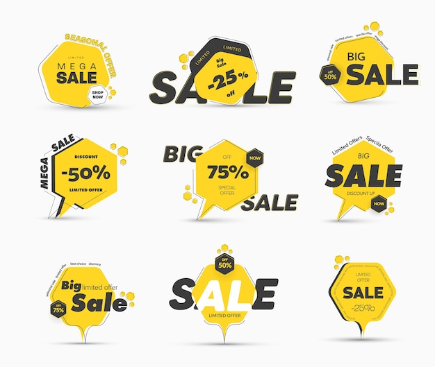 Set of yellow tags in the shape of a hexagon with a thin stroke, for a big sale. Templates banners with a percentage discount.