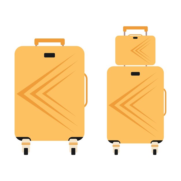 Set of yellow travel cartoon plastic suitcases on wheels Isolated travel bag case trunk valise