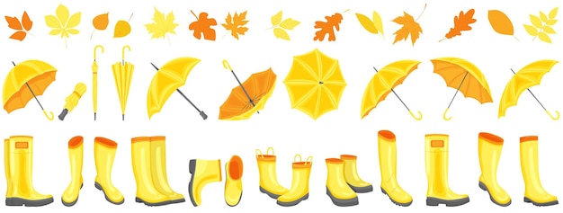 Set of yellow umbrellas and boots in flat style isolated vector