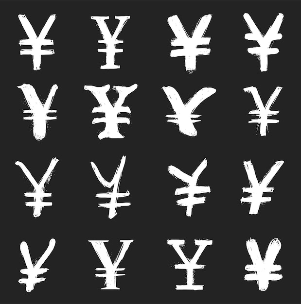 Set of yen currency symbols with hand drawn style on black background