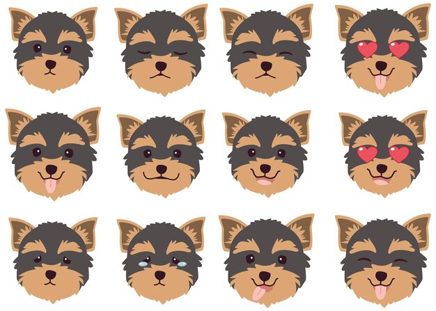 Vector set of yorkshire terrier dog emotions funny smiling and angry sad and delight dog face of dog