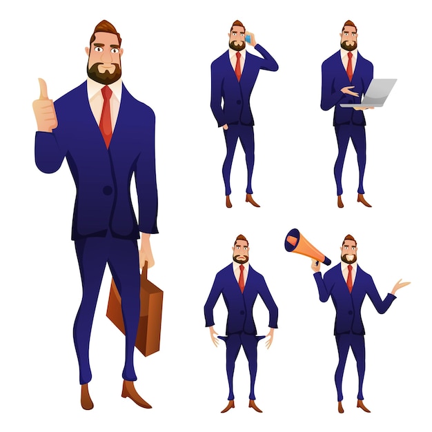 Vector set of young businessman various gesture in different expression cartoon vector