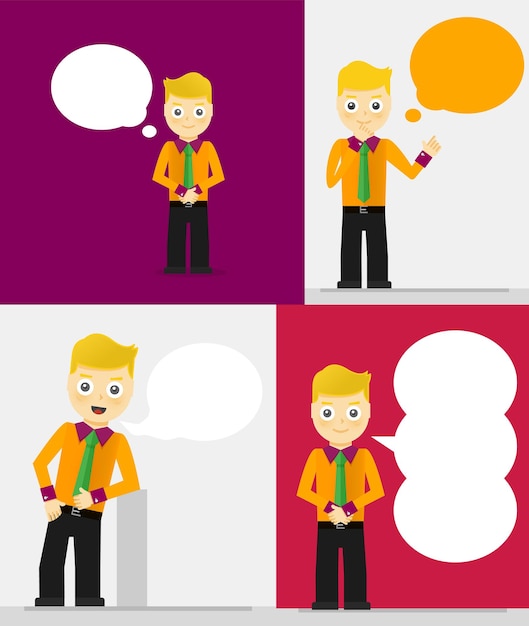 Set of young businessmen with speech bubbles Talking thinking concept Flat design