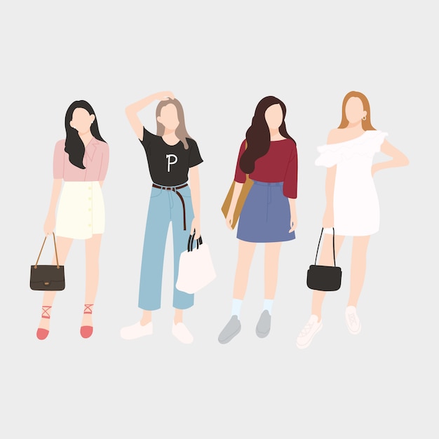 Set of young fashion women, stylish girls. flat design. vector illustration.