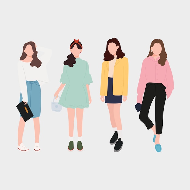 Set of young fashion women, stylish girls. flat design. vector illustration.