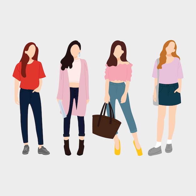 Set of young fashion women, stylish girls. flat design. vector illustration.