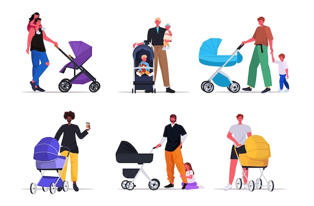 set young fathers walking outdoor with children in strollers fatherhood parenting concept dads spending time with kids full length horizontal vector illustration