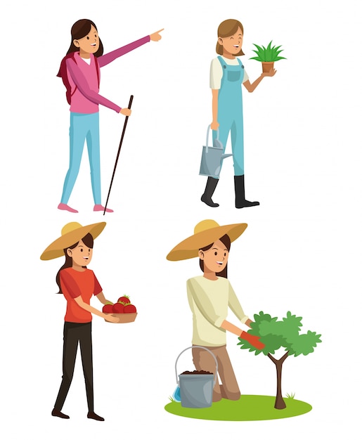 Set young girls gardeners hiking with plant tree and walk stick 