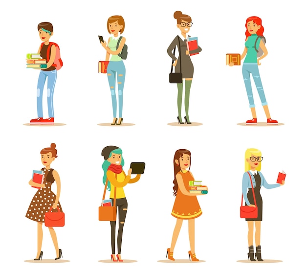 Vector set of young girls with books and bags students of college or university cartoon female characters in stylish casual clothes colorful vector illustrations in flat style isolated on white background