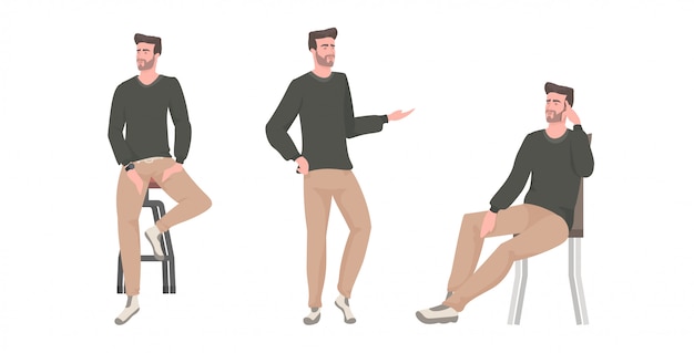 Vector set young man in different poses male cartoon character collection full length horizontal