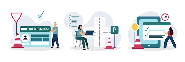 Set of young people getting driver license Lady sitting near laptop and learning rules at school Woman looking at road signs and answers questions passing test Flat vector illustration