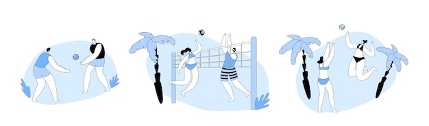 Vector set of young people playing beach volleyball men and women in swimwear hitting ball to each other over net