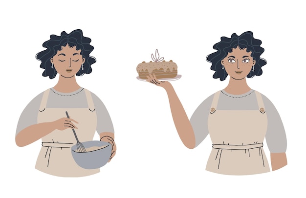 Set of a young woman cooking. A happy girl holds a cake, and dessert in her hand.