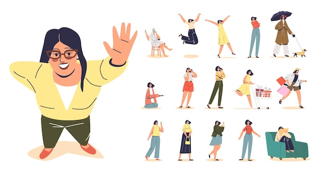 Set of young woman in hipster glasses and trendy clothes in different lifestyle situations and poses: carry shopping bags, walk with dog, cheerful jump, wear medical mask. Flat vector illustration