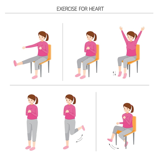 Set Of Young Woman Standing And Moving Body For Good Health, Exercise For Healthy Heart