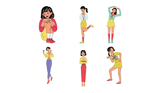 Set of young women in different poses Vector illustration in cartoon style