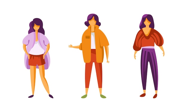 Vector set of young women wearing stylish clothes fashionable girls dressed trendy clothing cartoon vector illustration