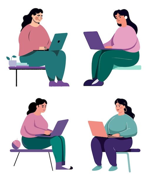 Set of young women working on laptops Freelance and remote work Vector illustration