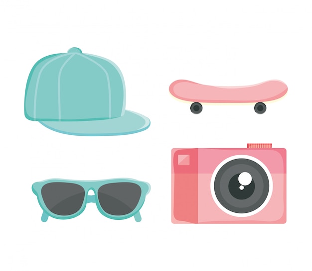 Set of youth culture accessories: hat, skate, sunglasses, camera