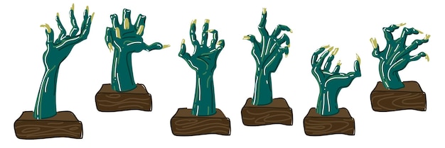 Vector a set of zombie hands in retro style with highlights and wooden stands on a white background