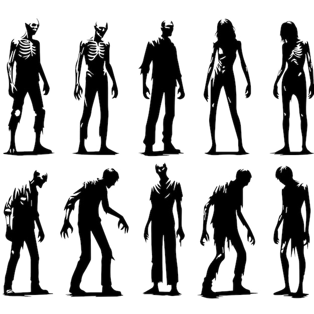 Vector set of zombie silhouettes in a simple black and white style