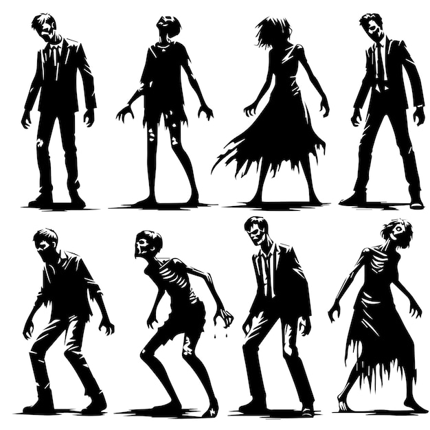 Vector set of zombie silhouettes in a simple black and white style