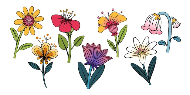 Sets of Beautiful Colorful Flowers Doodle Arts Vector Illustration