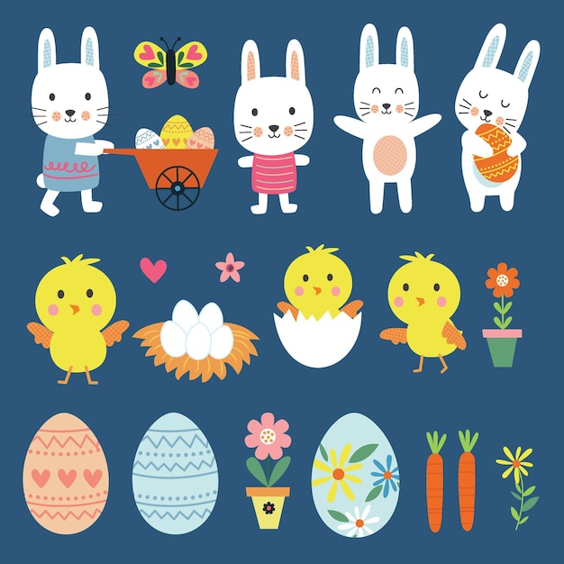 Sets of cute Easter characters Chicks and bunny